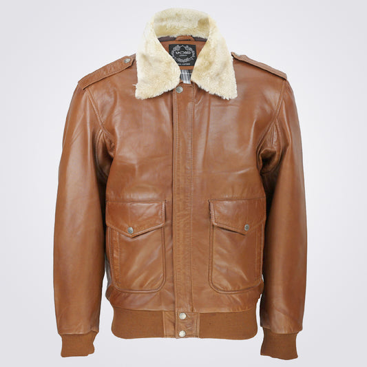 Men's Tan Brown Leather Pilot Bomber Jacket Removable Fur Collar - Fashion Leather Jackets USA - 3AMOTO