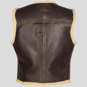Mens Tan Brown Shearling Biker Style Real Leather Vest Back