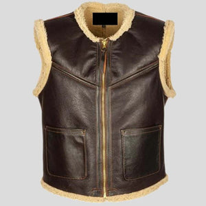 Mens Tan Brown Shearling Biker Style Real Leather Vest