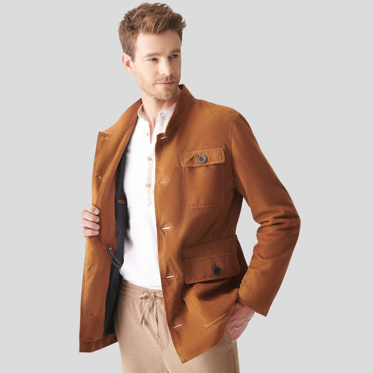 Mens Tan Brown Suede Leather Trucker Coat - Fashion Leather Jackets USA - 3AMOTO