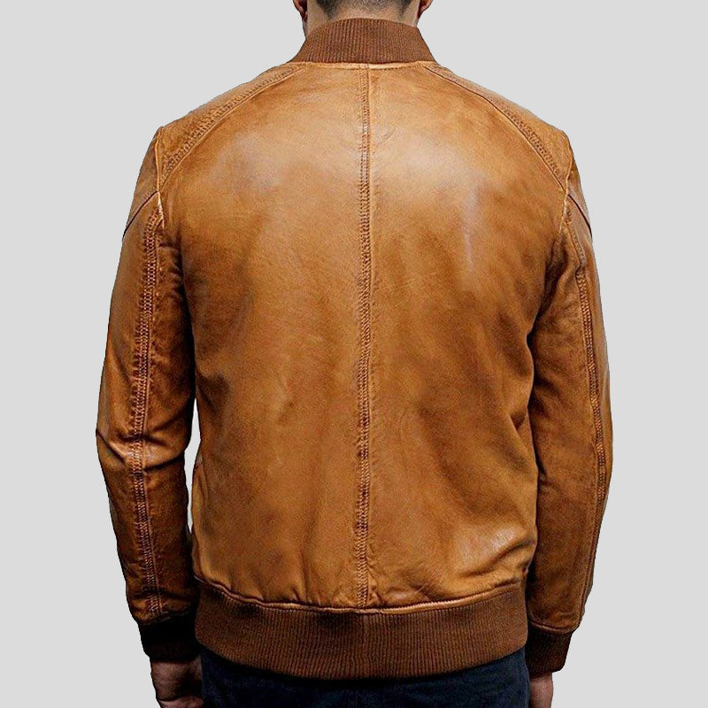 Mens Tan Brown Bomber Leather Jacket