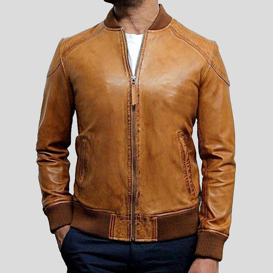 Mens Tan Brown Waxed Sheepskin Leather Bomber Jacket - Fashion Leather Jackets USA - 3AMOTO