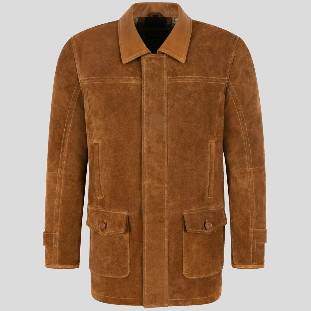 Mens Tan Classic Suede Leather Car Coat