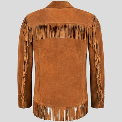 Mens Tan Classic Western Fringe Real Suede Jacket Back