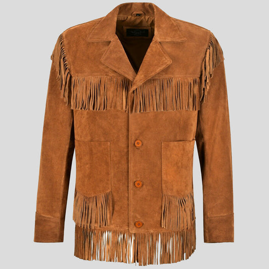 Mens Tan Classic Western Fringe Real Suede Jacket - 3amoto shop