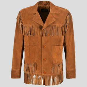 Mens Tan Classic Western Fringe Real Suede Jacket