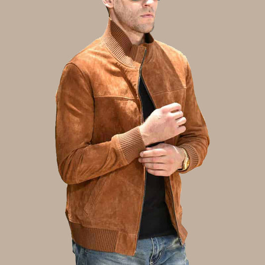 Men’s Real Leather Jacket With Rib Cuff Standing Collar, sleek and sophisticated design. - Fashion Leather Jackets USA - 3AMOTO