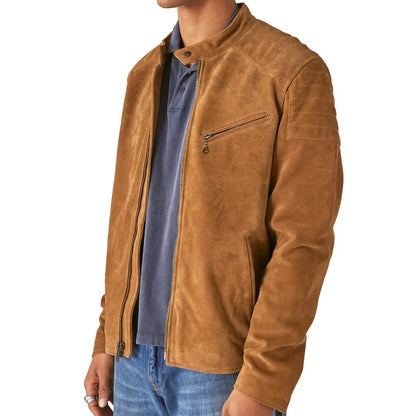 Mens Tan Suede Leather Biker Jacket