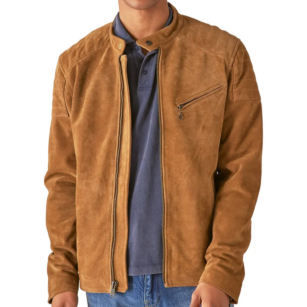 Mens Tan Suede Leather Biker Jacket