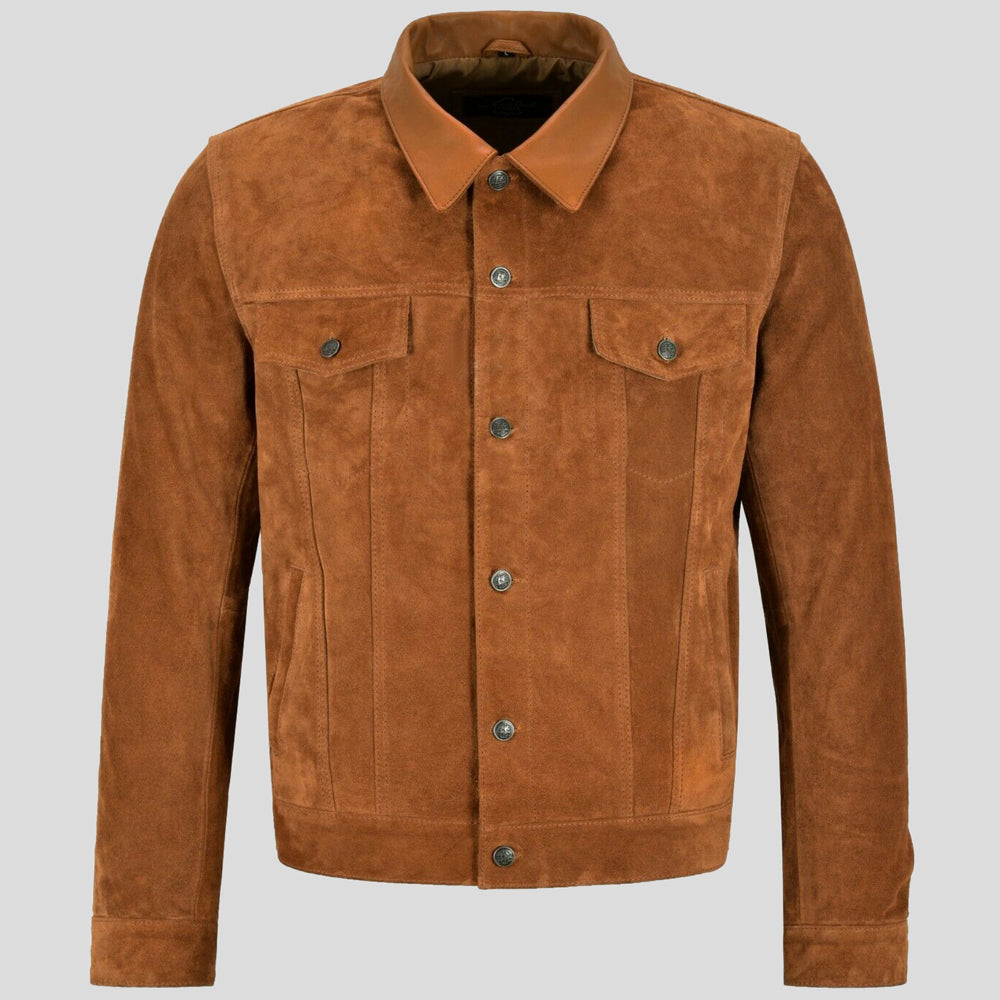 Mens Tan Trucker Leather Jacket