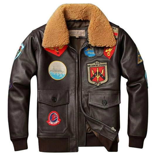 Mens Top Gun G1 Air Force Flight Leather Jacket Fur Collar - 3amoto shop