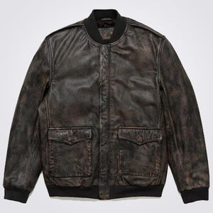 Mens Vintage Black Sheepskin Leather Bomber Jacket