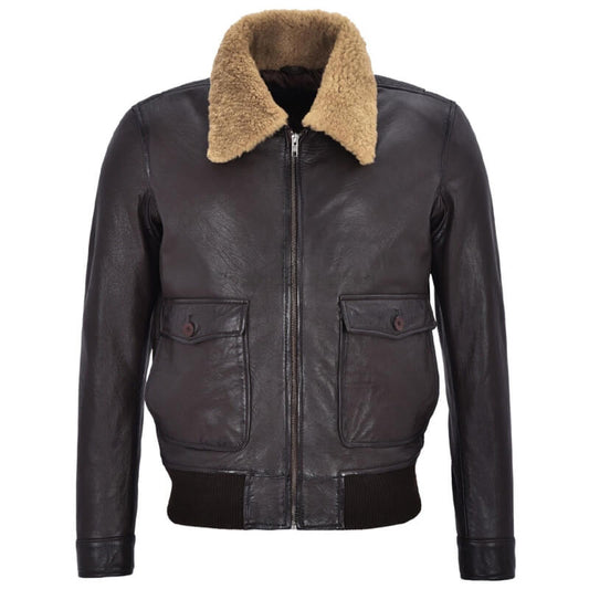 Mens WW2 Brown Shearling Collar Flight Bomber Jacket - Fashion Leather Jackets USA - 3AMOTO