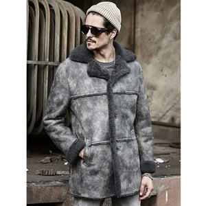 Men's Waxed Brown Leather Shearling Fur Long Trench Coat