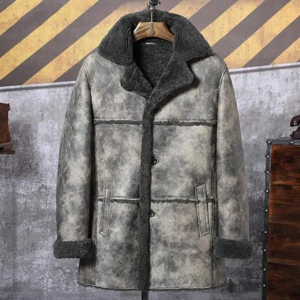 Men's Waxed Brown Leather Shearling Fur Long Trench Coat