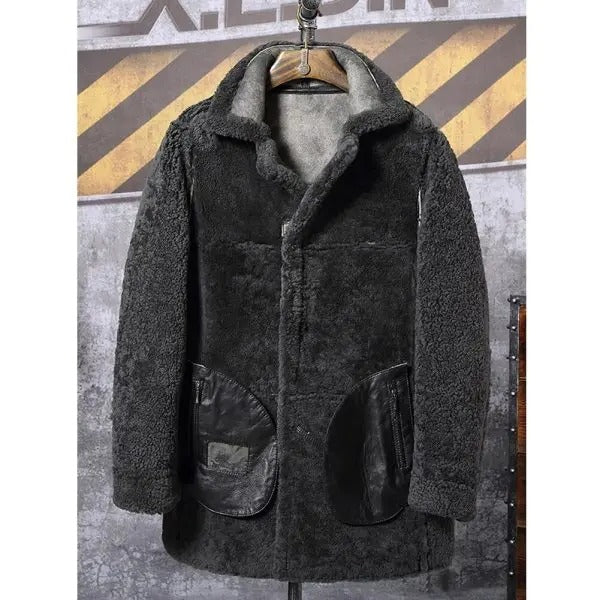 Men's Waxed Brown Leather Shearling Fur Long Trench Coat