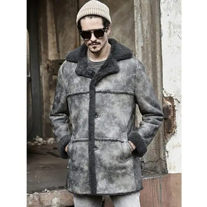 Men's Waxed Brown Leather Shearling Fur Long Trench Coat