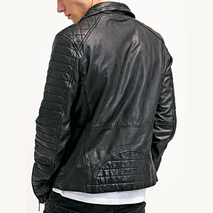 Mens Waxed Sheepskin Leather Biker Jacket Black back