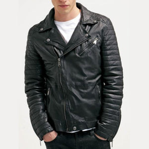 Mens Waxed Sheepskin Leather Biker Jacket Black