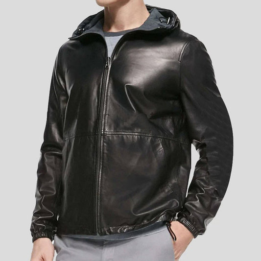 Mens Wear Black Hooded Leather Jacket - Fashion Leather Jackets USA - 3AMOTO