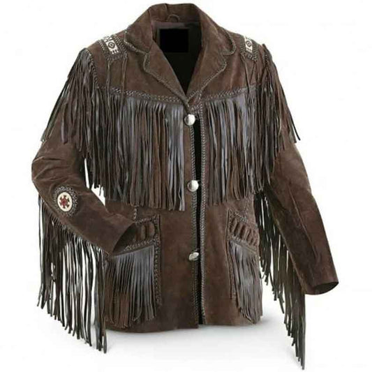 Mens Western Cowboy Leather Jacket with Fringed & Beads - Fashion Leather Jackets USA - 3AMOTO