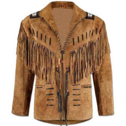 Mens Western Hunter Style Cowboy Leather Jacket With Fringe