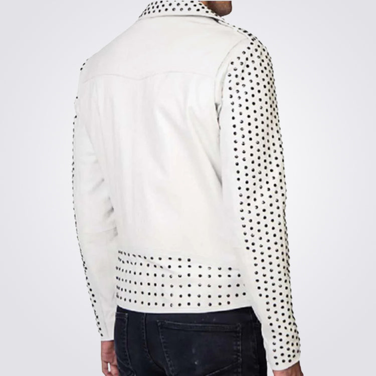 Men's White Biker Leather Jacket Belt with Silver Studs