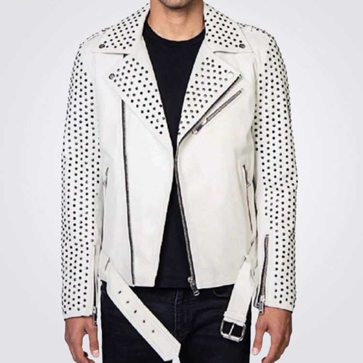 Men's White Biker Leather Jacket Belt with Silver Studs