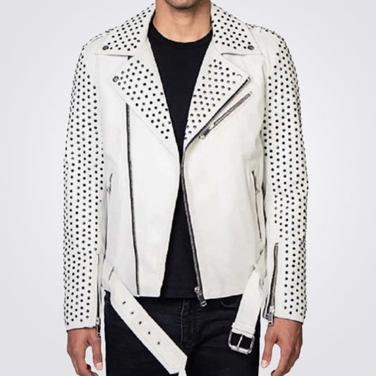 Men's White Biker Leather Jacket Belt with Silver Studs - Fashion Leather Jackets USA - 3AMOTO