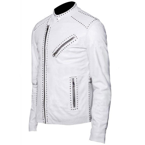 Mens White Classic Brando Studded Leather Jacket - 3amoto shop