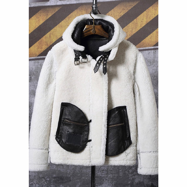 Mens White Faux Fur Black Leather Jacket