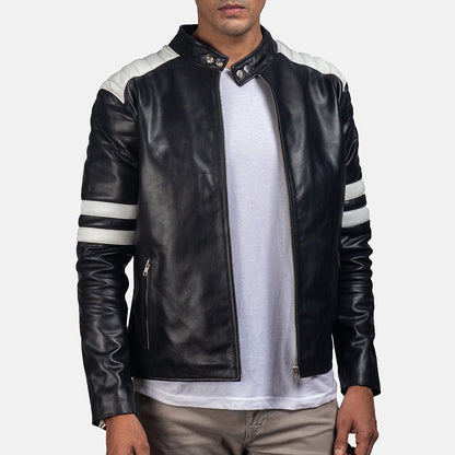 Mens White Stripes Leather Biker Jacket