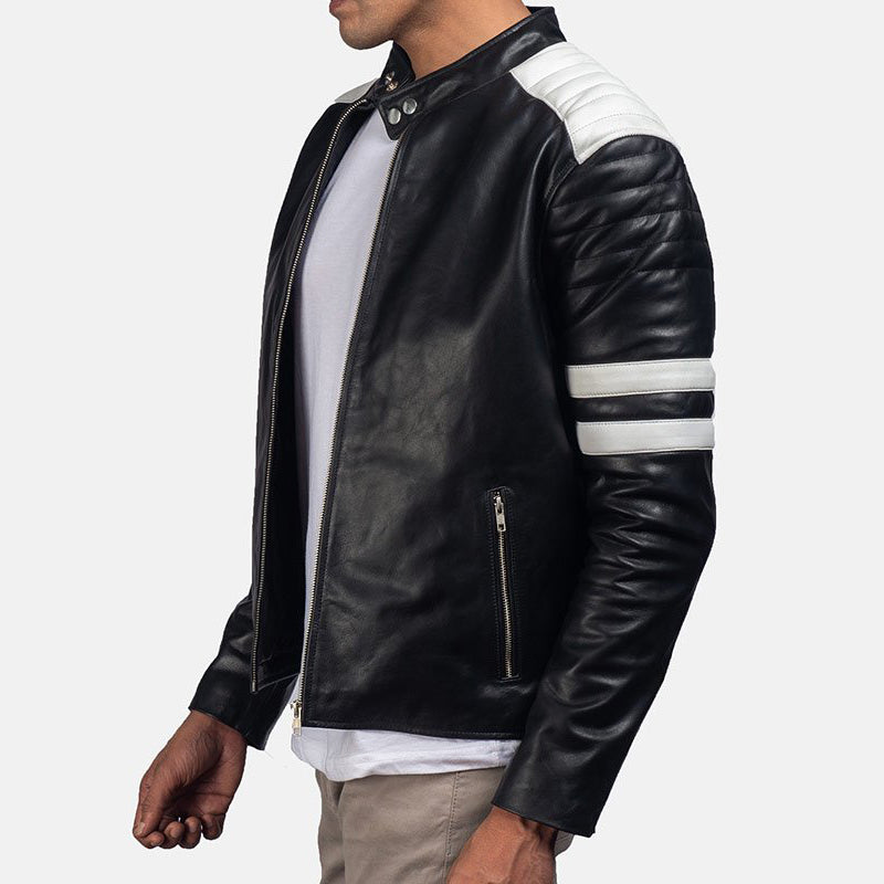 Mens White Stripes Leather Jacket