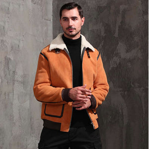 Mens Yellow Suede Leather Shearling Aviator Jacket