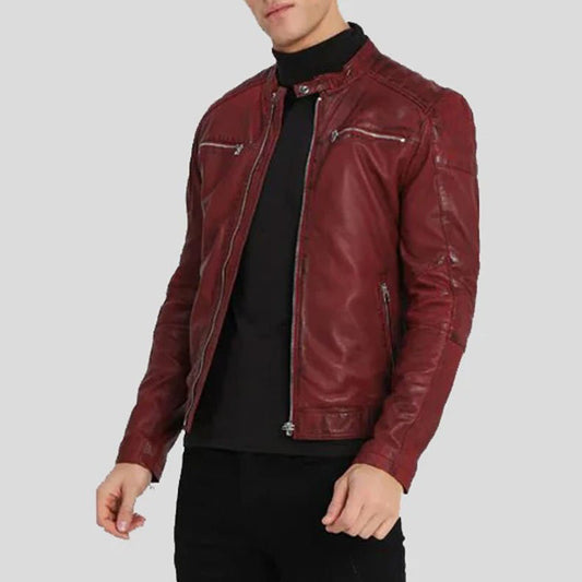 Mens Zipper Pockets Biker Leather Jacket - 3amoto shop