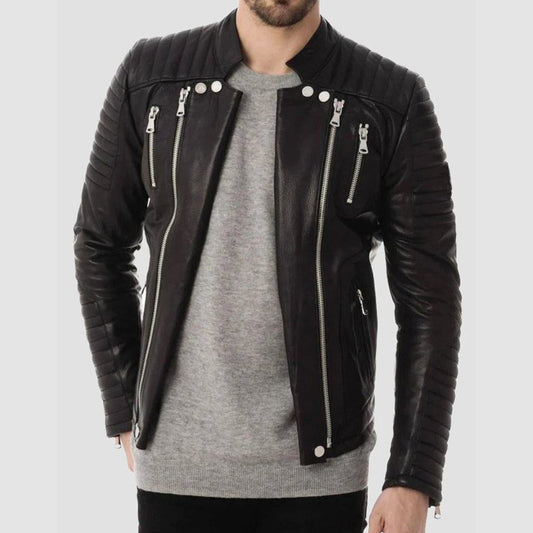 Mens Zipper Pockets Quilted Leather Jacket - 3amoto shop