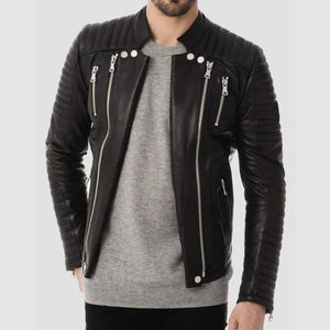 Mens Zipper Pockets Quilted Leather Jacket