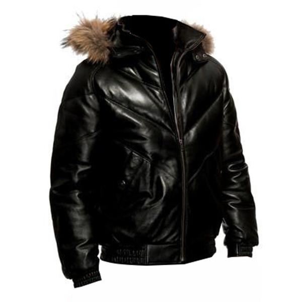 Mens Black V Bomber Hood Leather Jacket