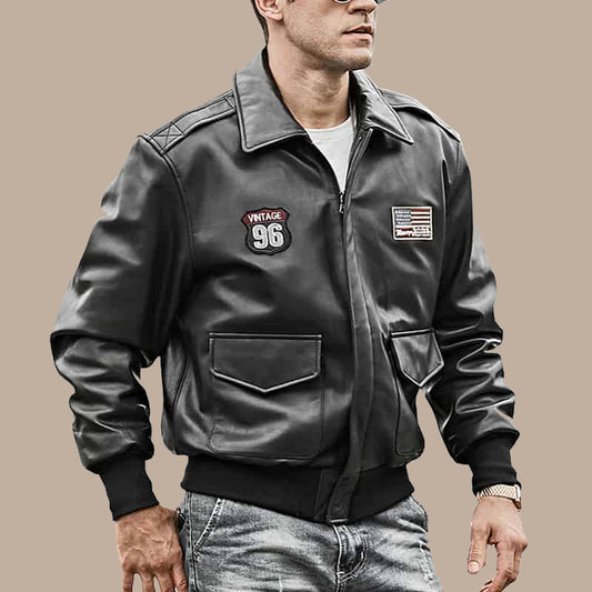 Mens bomber pilot style leather jacket - Fashion Leather Jackets USA - 3AMOTO