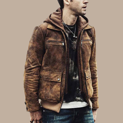 Men’s Distressed Brown Bomber Leather Jacket with Hood, rugged and stylish design for men.