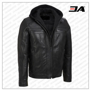 Mens Best Black Leather Jacket With Removable Hood