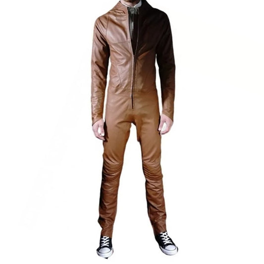 Mens Biker style real sheepskin brown motorcycle leather jumpsuit - Fashion Leather Jackets USA - 3AMOTO