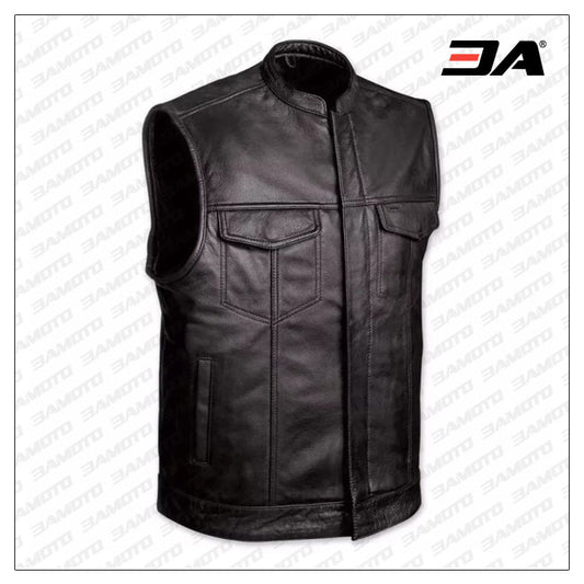 Mens Black Leather Motorcycle Club Vest - 3amoto shop