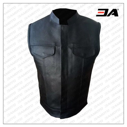 Mens Black Real Genuine Leather Motorcycle Biker Vest