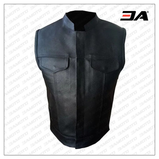 Mens Black Real Genuine Leather Motorcycle Biker Vest - 3amoto shop