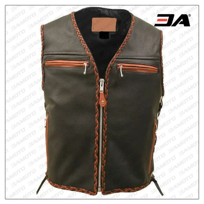 Mens Brown Motorcycle Leather Vest Jacket