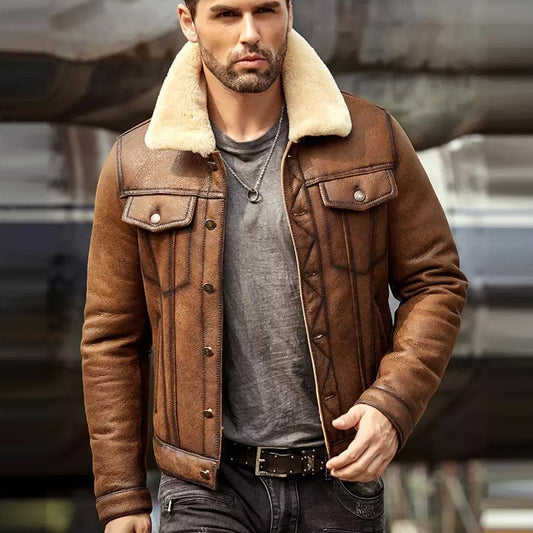 Mens Brown RAF B3 Sheepskin Trucker Shearling Leather Jacket - Fashion Leather Jackets USA - 3AMOTO