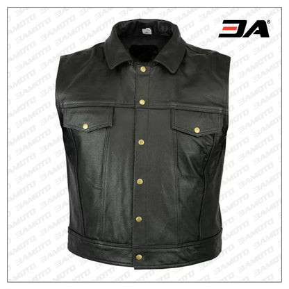 Mens Casual Motorbike Black Leather Waistcoat Vest