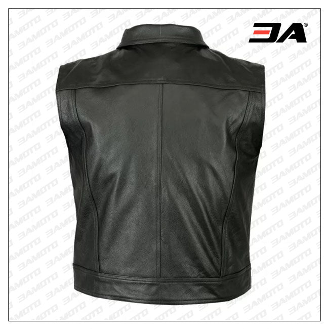 Mens Casual Motorbike Black Leather Waistcoat Vest