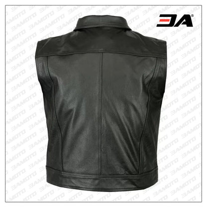 Mens Casual Motorbike Black Leather Waistcoat Vest